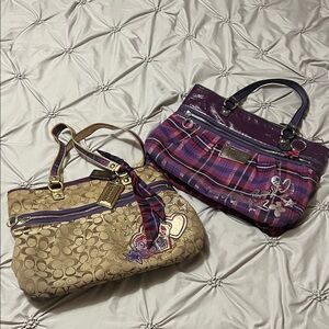Coach Poppy classic tan and purple tartan large tote (lot of 2, not separating)